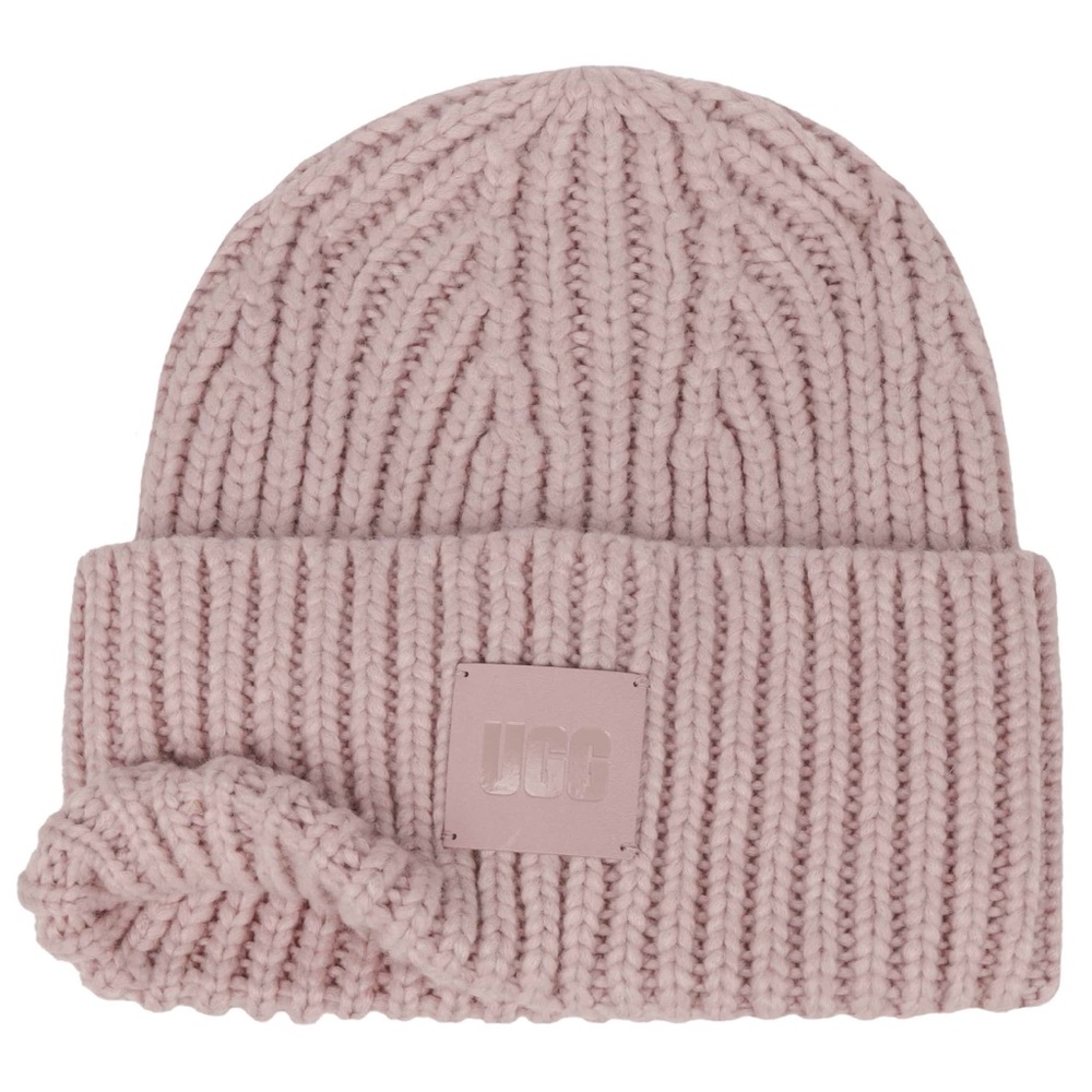 UGG Chunky Knit Beanie Women's in Mauve Pink, Fold Over Cuff w Logo Patch Hat